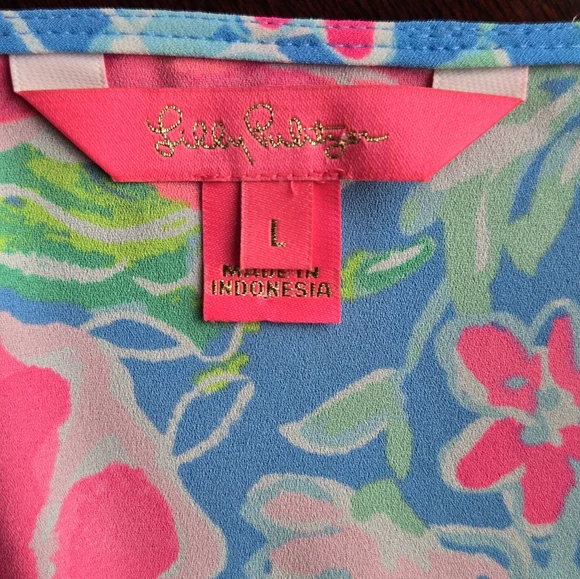 Lilly Pulitzer Blue & Pink Floral V-Neck Blouse with Tie Sleeves - Large🌺🌸 - Picture 9 of 12
